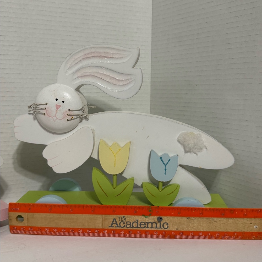 Pastel Wood Easter Bunny Cart Spring Shelf Decor Farmhouse Easter
